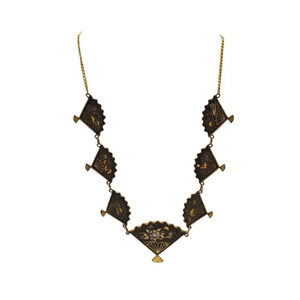 Amita Vintage Damascene Japanese Fan Gold Inlaid Fan Necklace Gold Tone Vintage